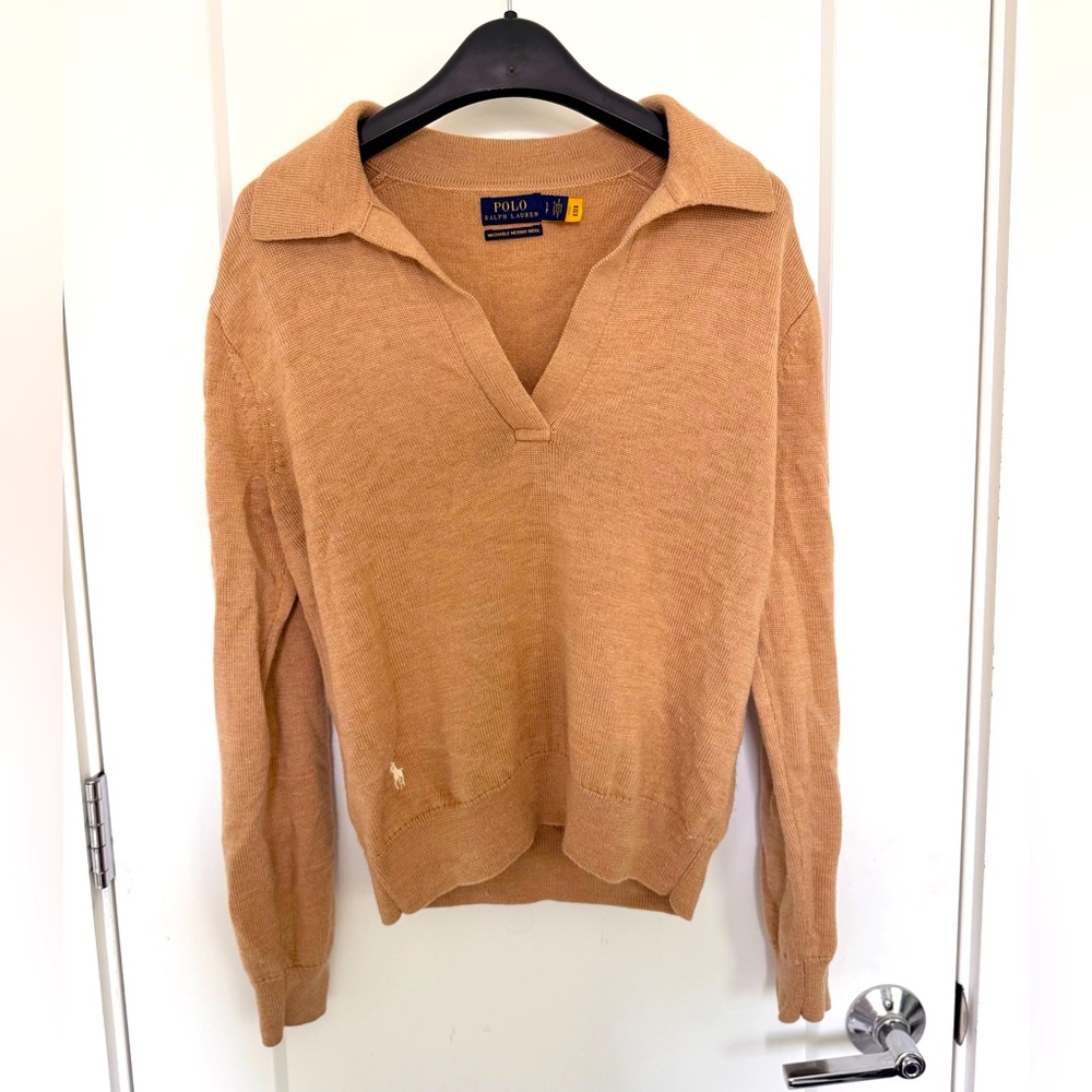 Ralph Lauren Merino Wool Camel V-Neck Polo Sweater